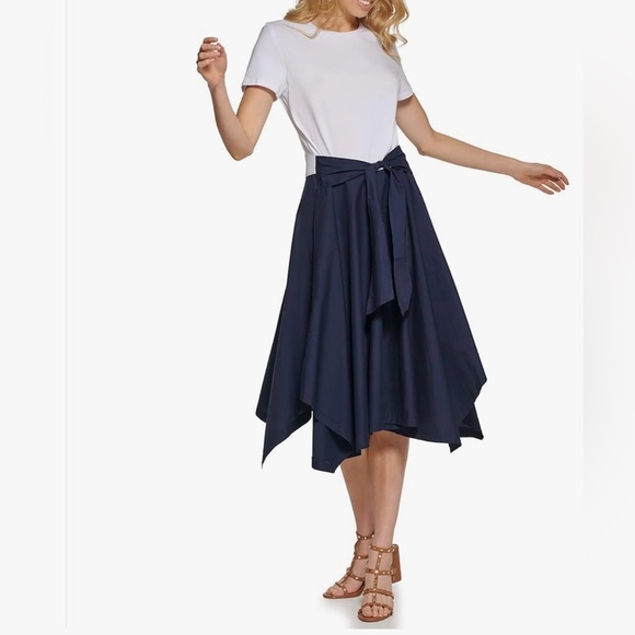 DKNY Women's Mixed-Media Tie-Front Short Sleeve Knit
Dress - Picture 2 of 8